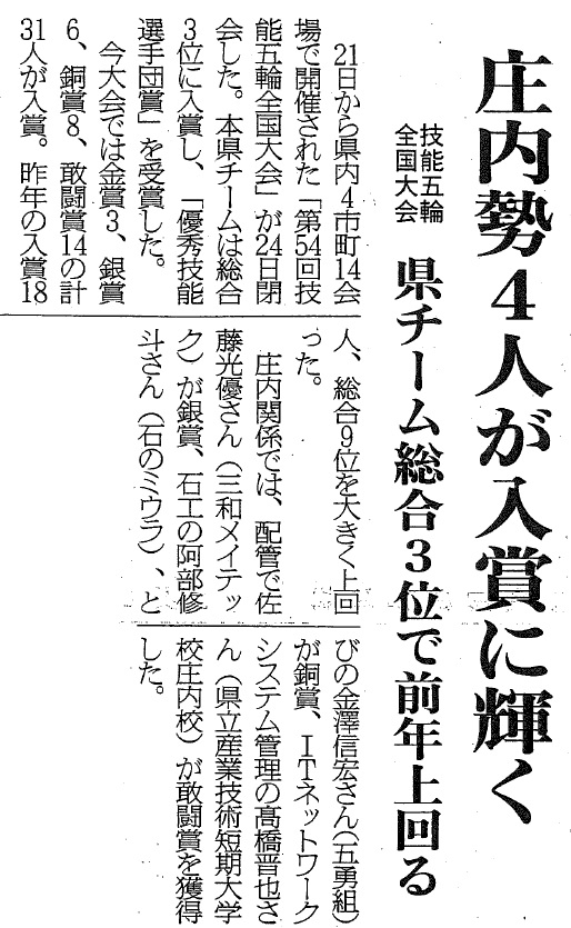 20161026荘内日報（庄内勢４人が入賞に輝く）余白なし